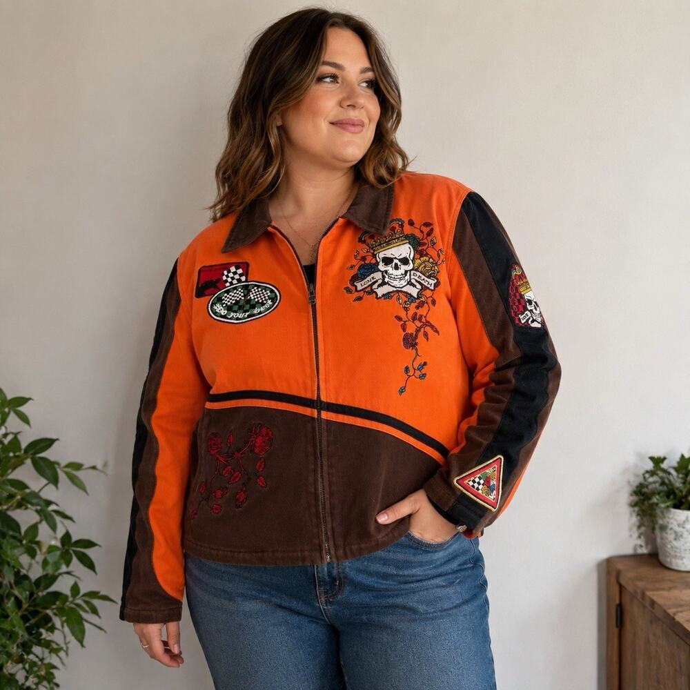 RedFox Orange Embroidered Skull Roses Racing Jacket Women’s Size 3X Y2K Gothic